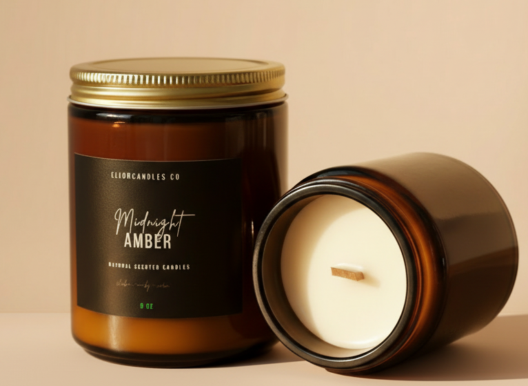 Candle with a black label on a wooden surface