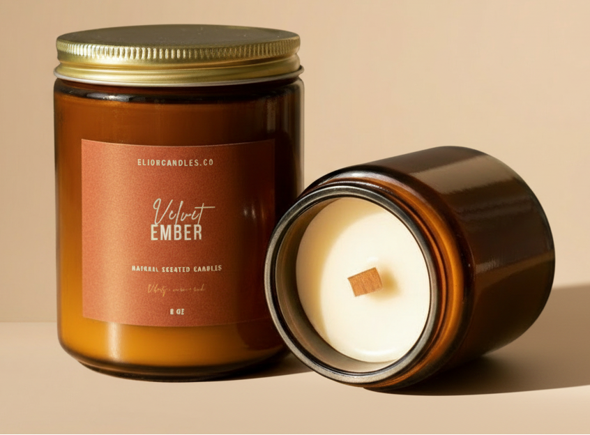 Candle jar with a lit candle on a wooden surface