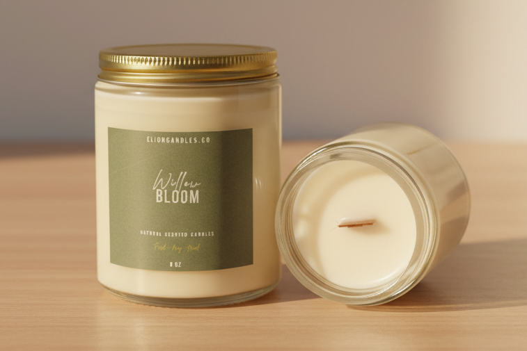 Candle jar with a lid on a wooden surface, with a blurred background