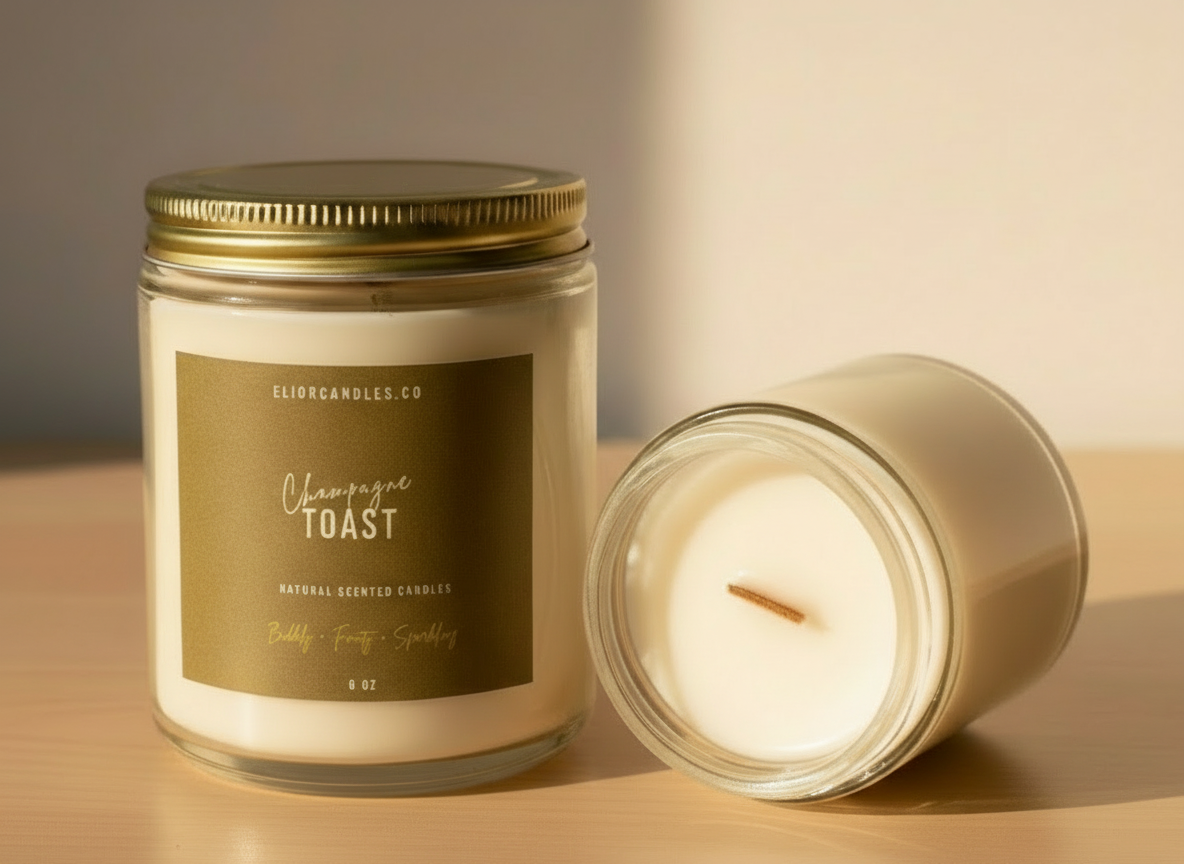 Candle jar and lit candle on a wooden surface with a neutral background