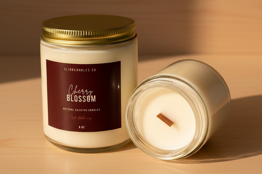 Candle with a labeled container on a wooden surface