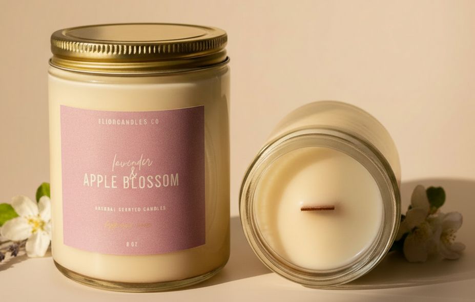 Two candles on a wooden surface with a soft light background