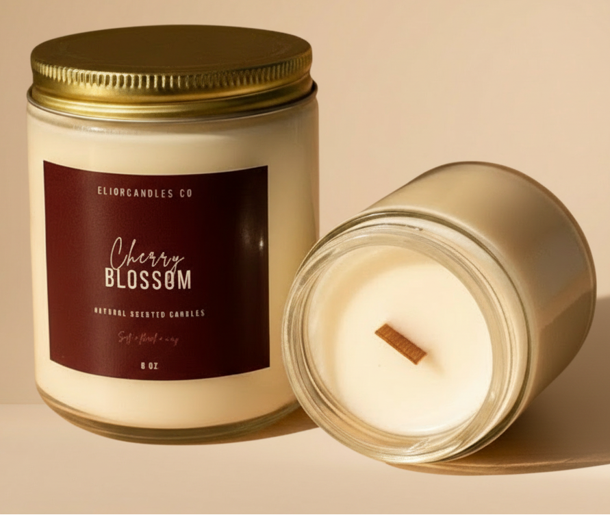 Candle with a labeled container on a wooden surface