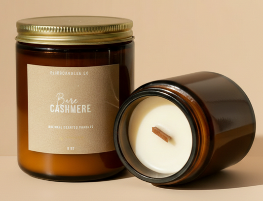 Candle jar with a lid and candle inside on a wooden surface