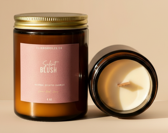 Candle jar with a pink label and open candle on a wooden surface